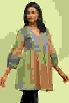 Beige Cotton Printed Flared Kurti image number 4