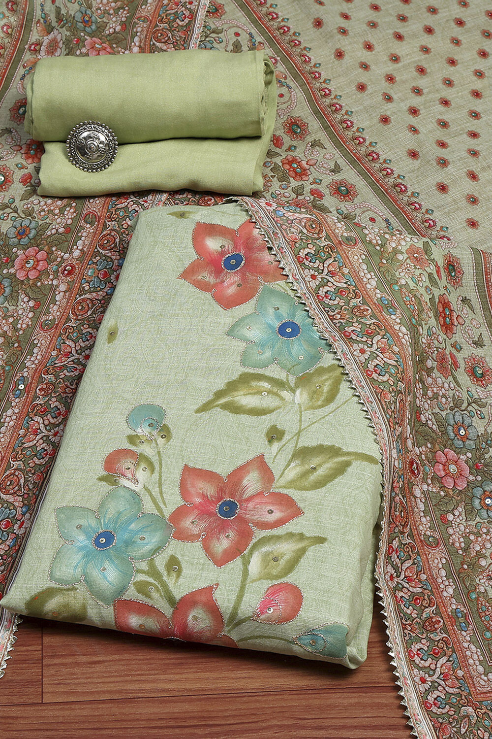 Green Linen Hand Painted Unstitched Suit Set image number 0