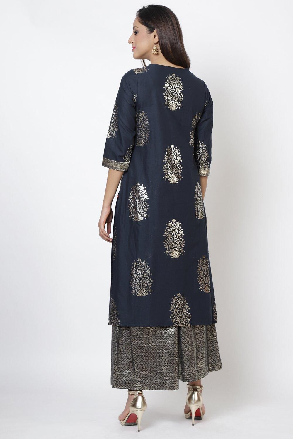 Navy Blue Relaxed Kurta Palazzo Suit Set image number 4