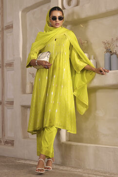 Lime Green Silk Gathered Yarndyed Suit Set image number 1