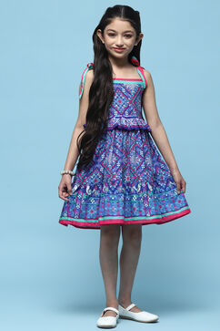 Blue Mosaic Printed Cotton Shoulder Tie Up Dress image number 0