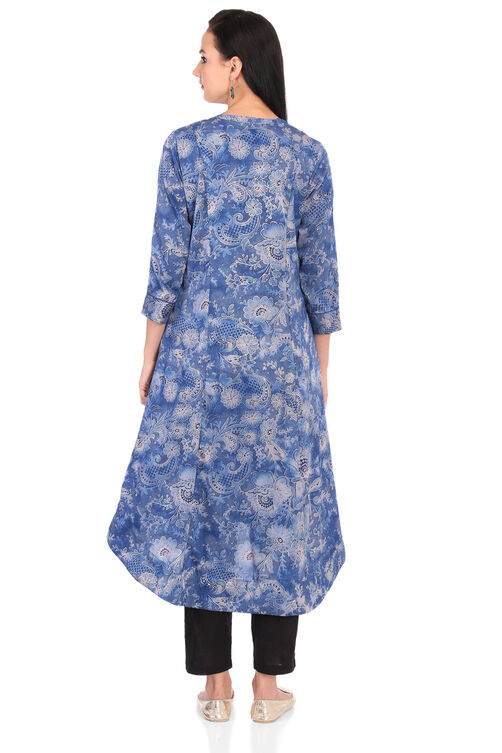 Blue A-Line Art Silk Printed Kurta image number 5
