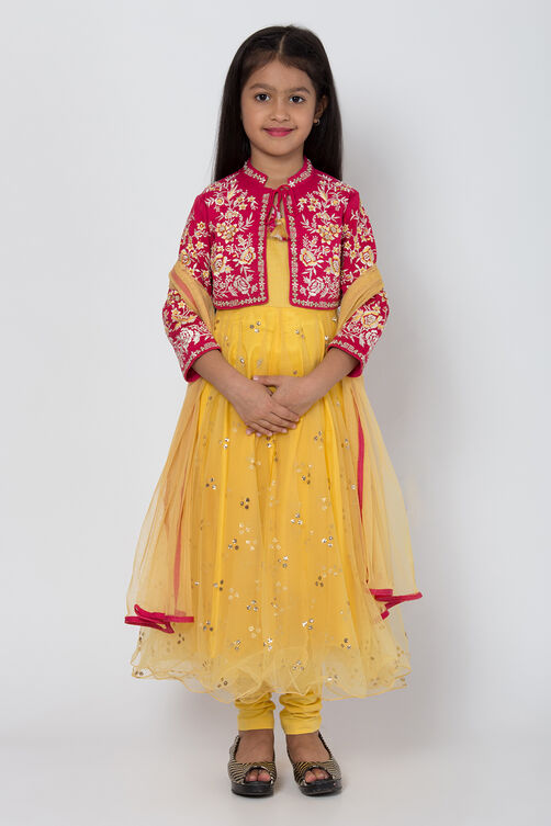 Pink And Yellow Poly Cotton Anarkali Kurta Churidar Suit Set image number 0