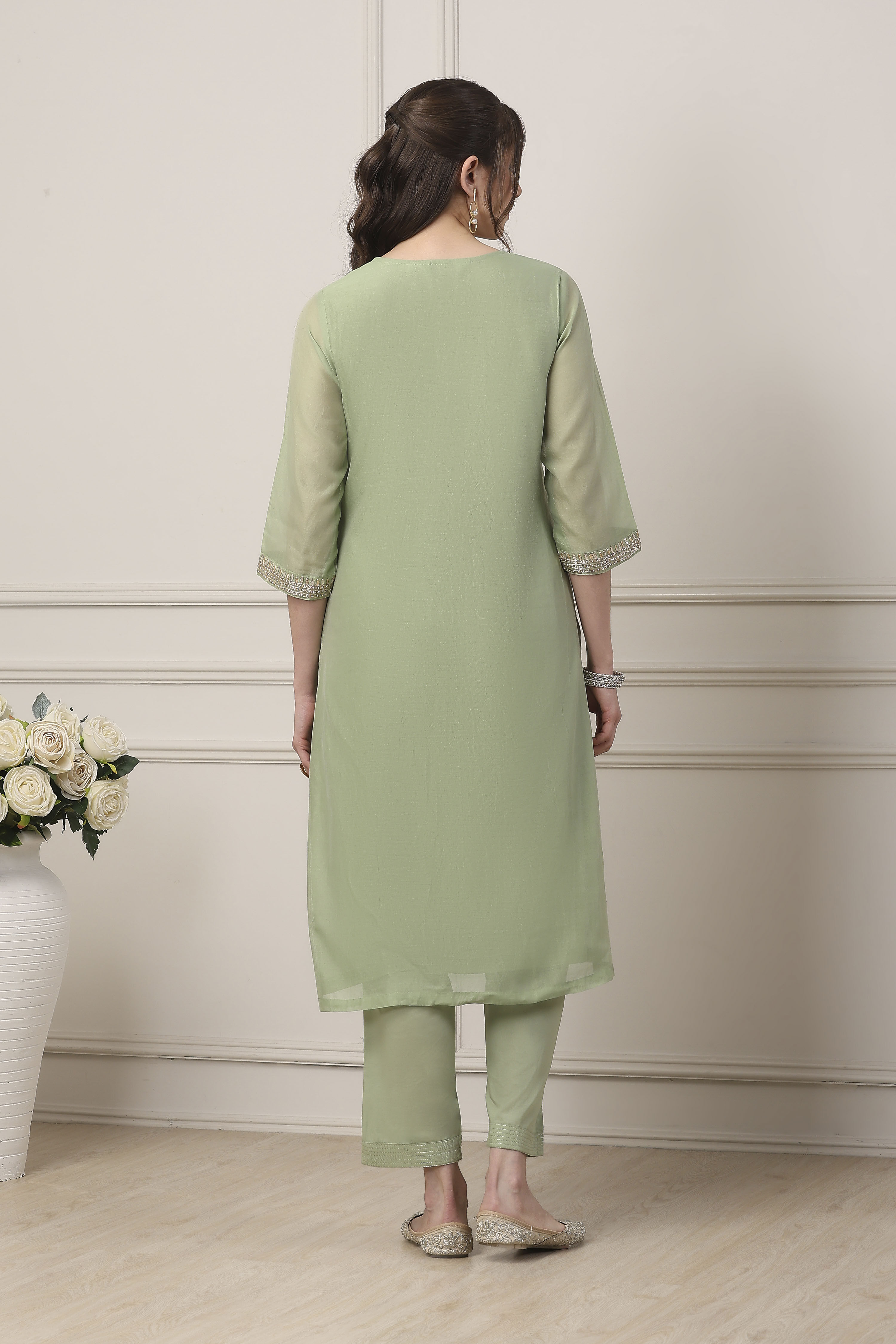 Green Poly Chanderi Sequin Embroidered Straight Suit Set image number 4