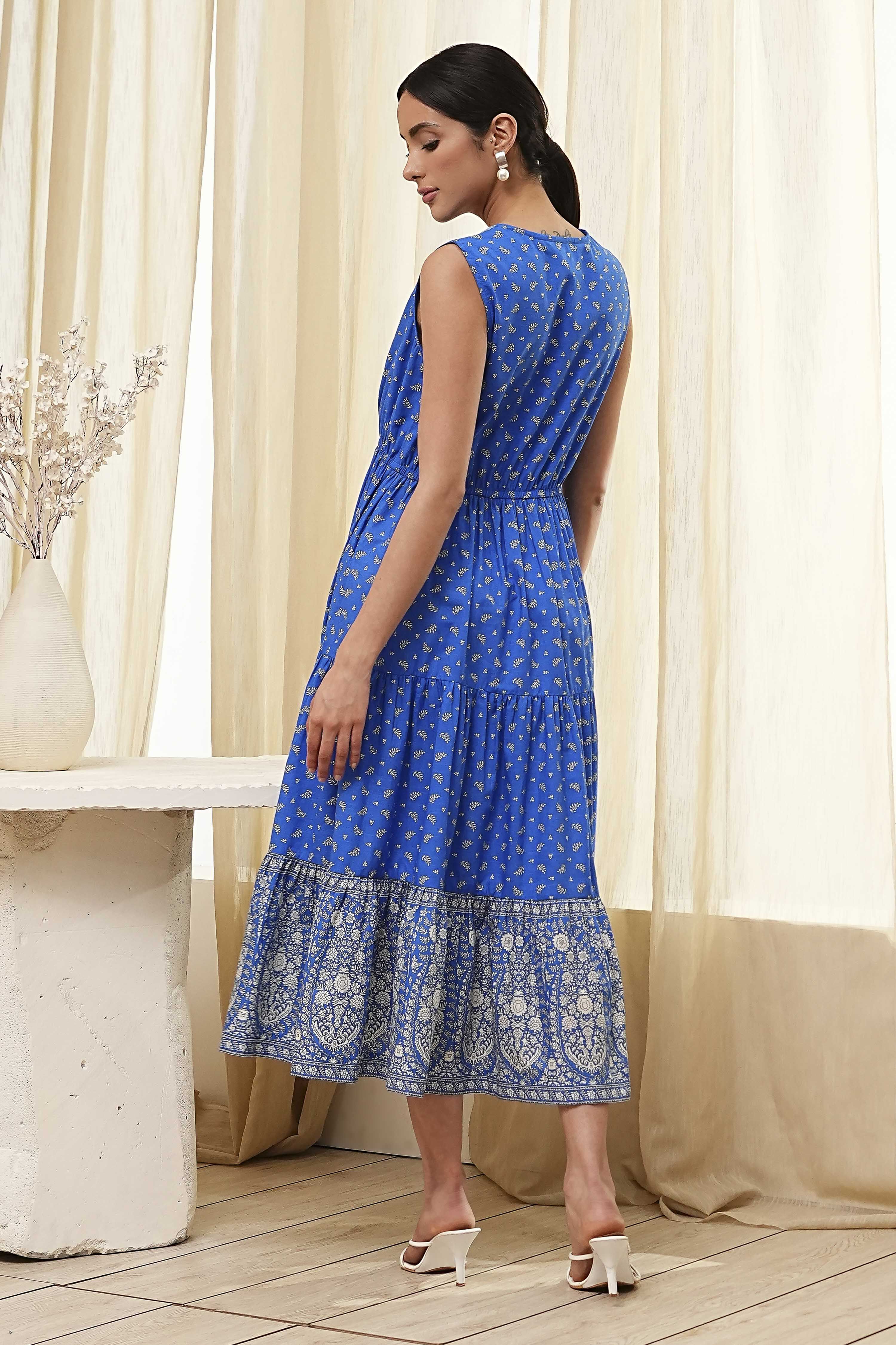 Blue Cotton Printed Tiered Dress image number 4
