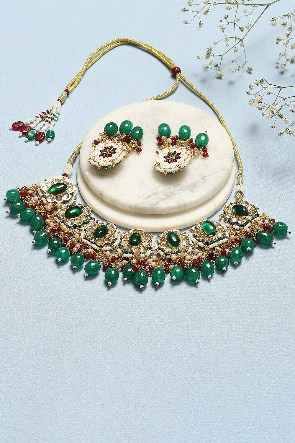Green & Red Brass Necklace Set image number 2
