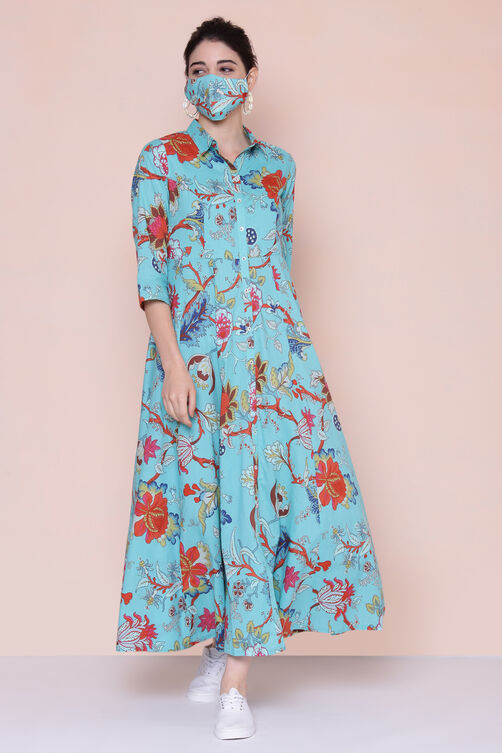 Turquoise Cotton Fusion Wear Dress image number 4