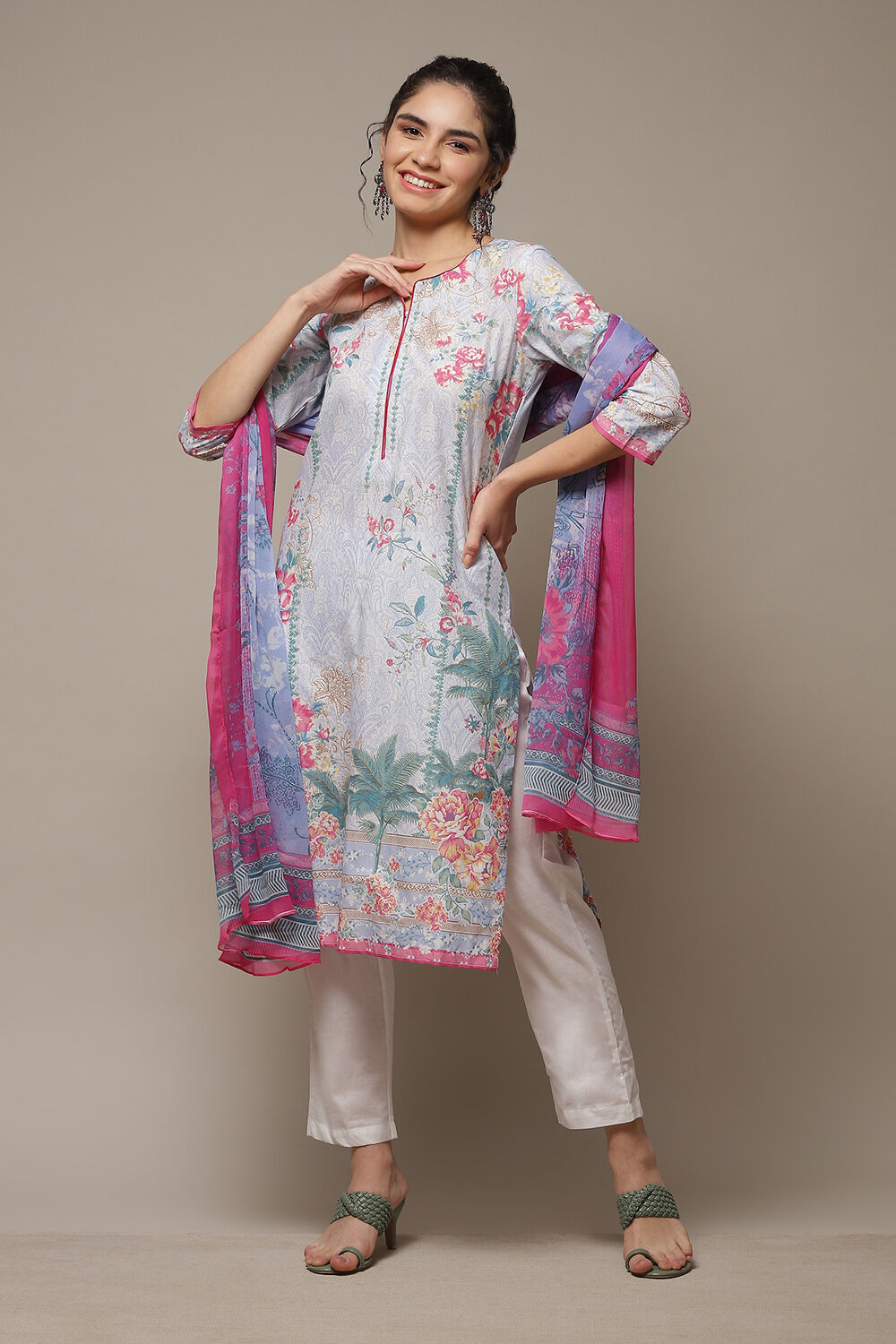 Powder Blue Cotton Straight Kurta Pants Suit Set image number 0