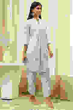 Aqua Cotton Embroidered Straight Kurta Set image number 4