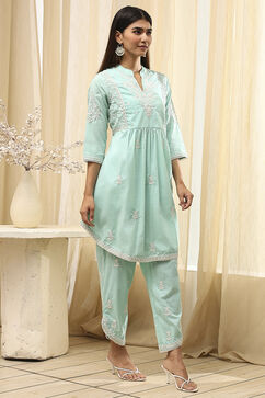 Aqua Cotton Embroidered Straight Kurta Set image number 4