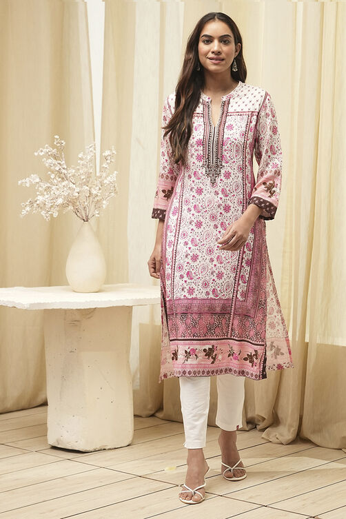 Peach Rayon A-Line Printed Kurta image number 5