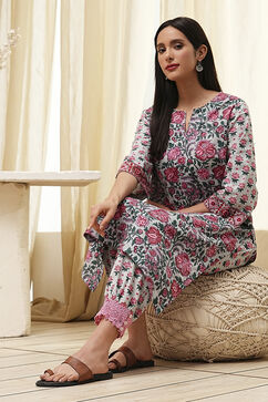 Blue and Pink Cotton Printed Straight Kurta Set image number 0