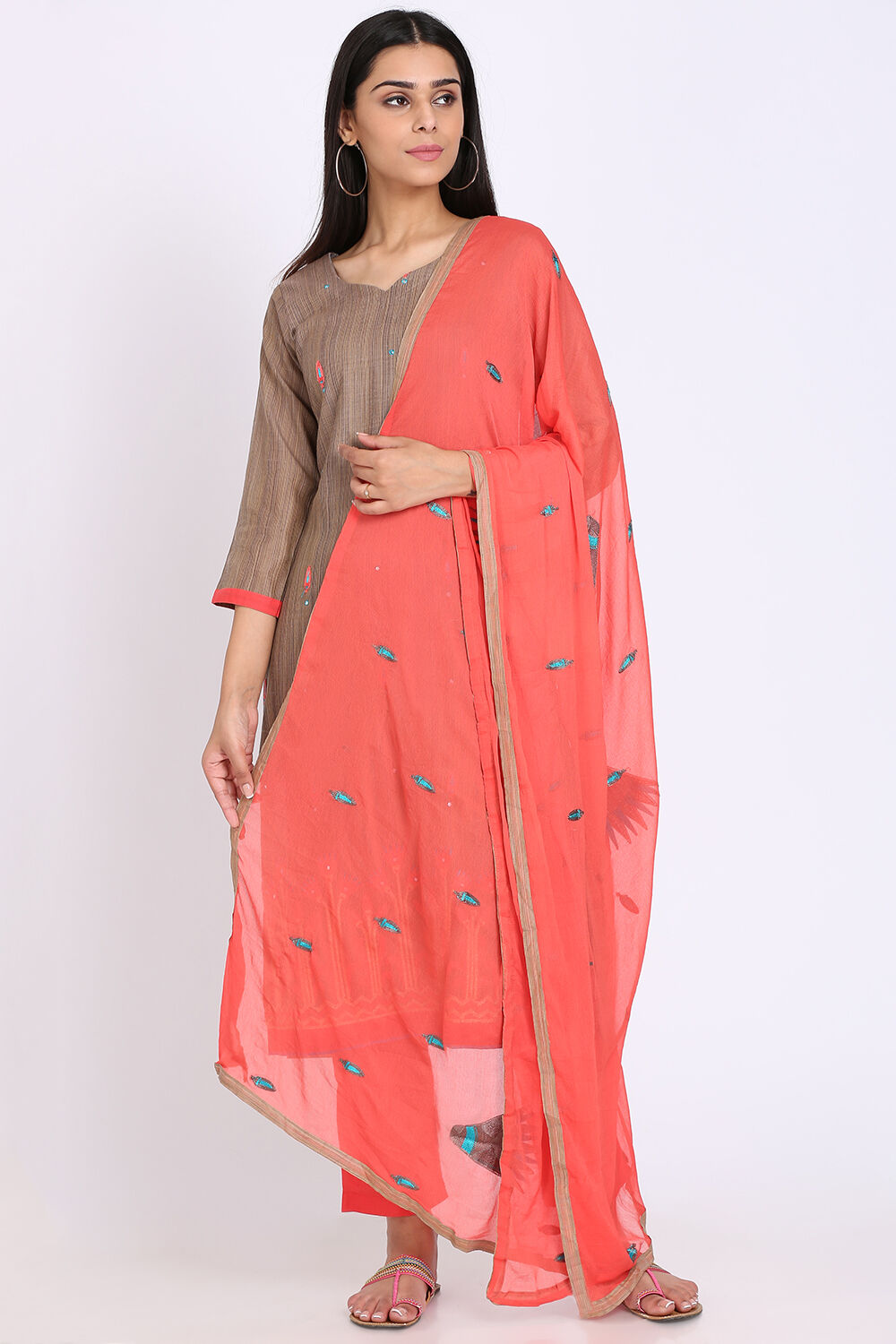 Beige Chanderi Power Loom Unstitched Suit Set image number 0