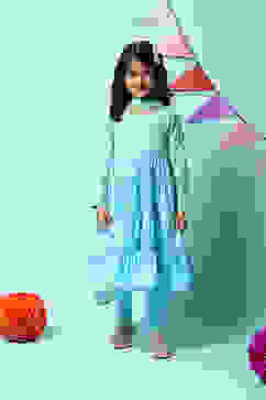 Turquoise Cotton Blend Tiered Kurta Churidar Suit Set image number 7