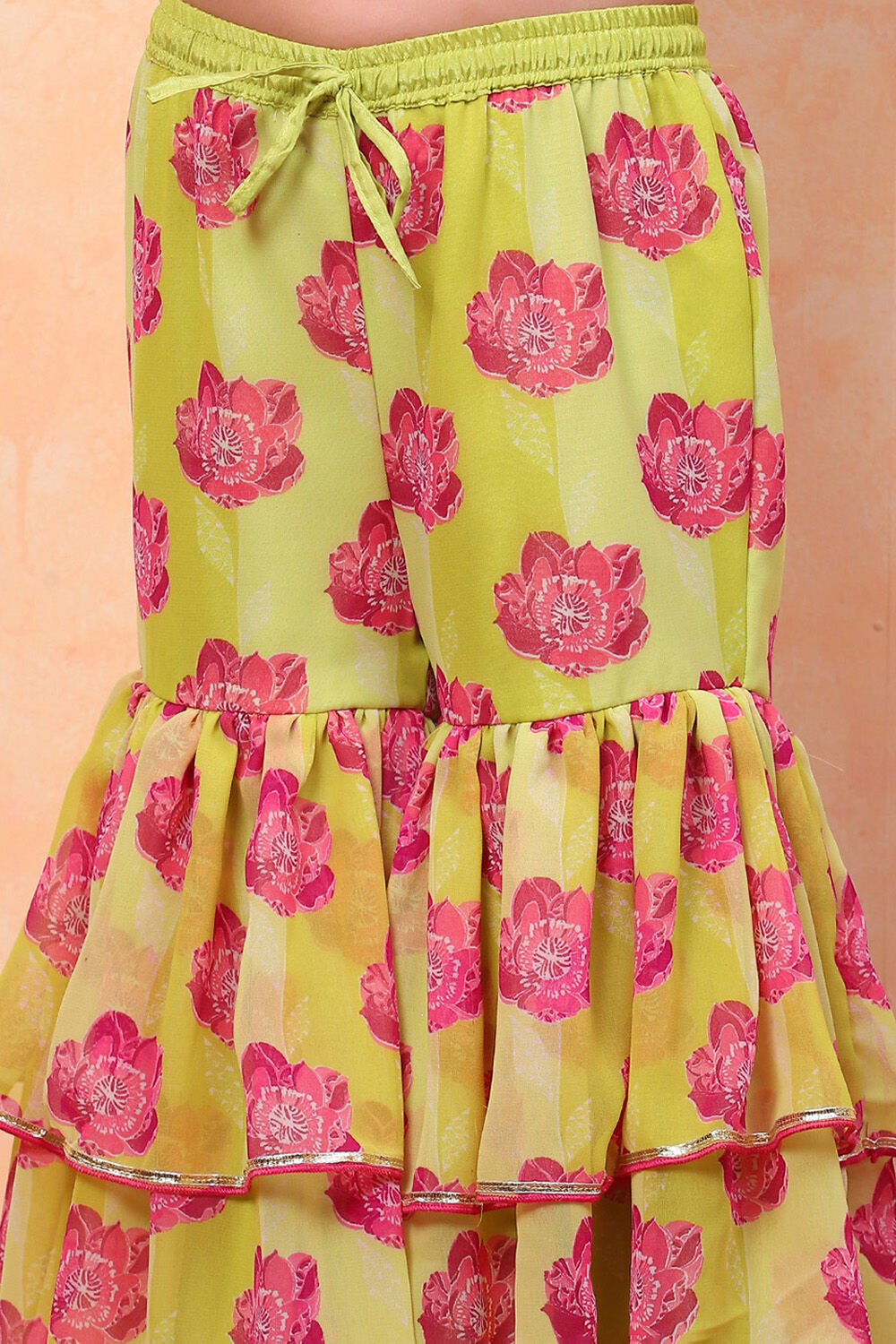 Lime Green Poly Georgette Floral Gathered Flared Suit Set image number 2