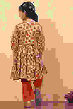 Orange Viscose Floral Printed Festive Tiered Suit Set image number 4