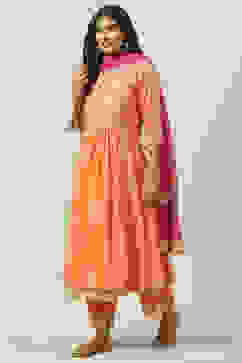 Orange Pink Cotton Silk Flared Kurta Palazzo Suit Set image number 5