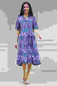 Blue Cotton Flared Yarndyed Dress image number 5