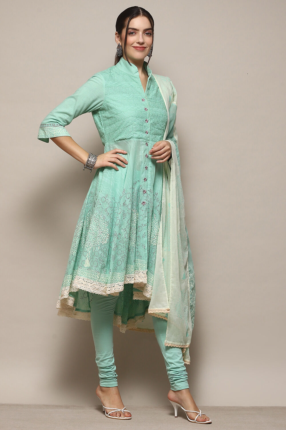 Turquoise Cotton Anarkali Solid Kurta Churidar Suit Set image number 6