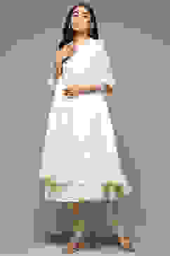 Off White Cotton Blend Layered Kurta Churidar Suit Set image number 6