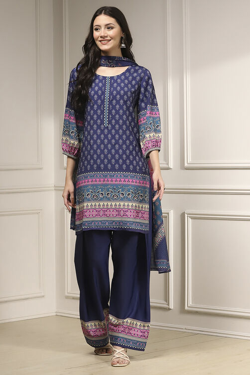 Blue Printed Straight Suit Set image number 6