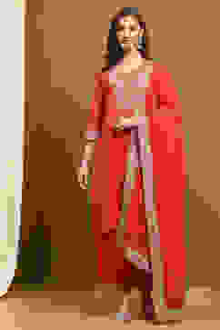 Orange Silk Embroidered Festive Straight Suit Set image number 6