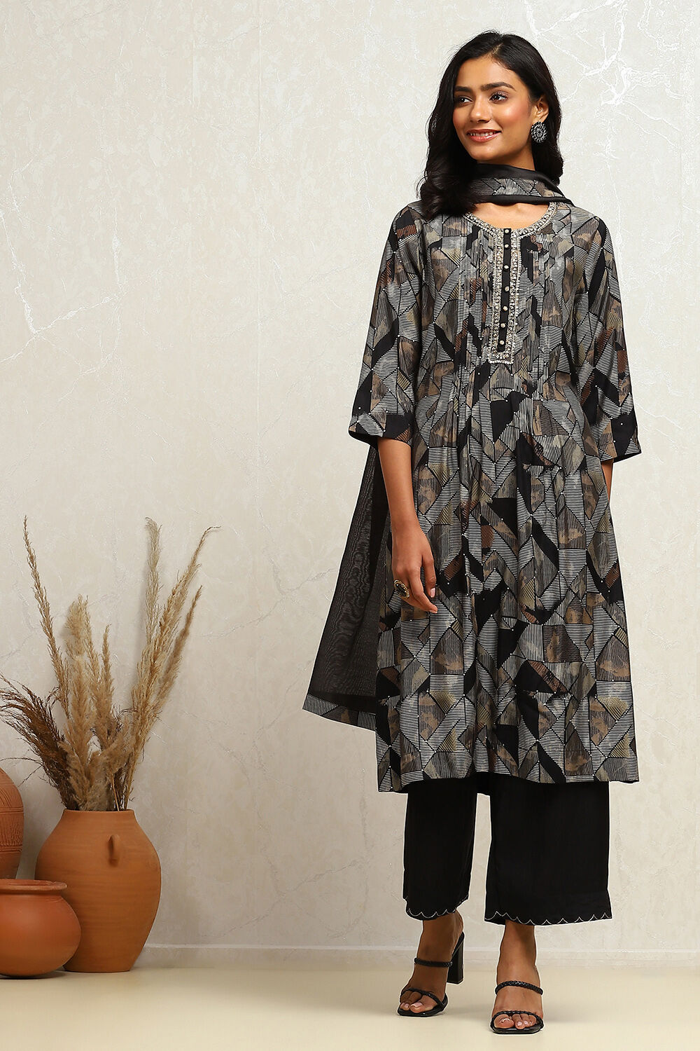Black Modal Chanderi Printed Gathered A-line Suit Set image number 6
