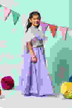 Purple Cotton Blend Short Top Lehenga Set image number 6