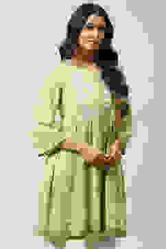 Green Cotton Flared Printed Kurti image number 3