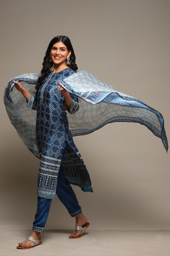 White & Blue Viscose Straight Kurta Pants Suit Set image number 0