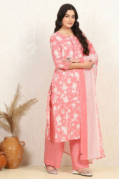 Pink Cotton Screen Print Unstitched Suit Set image number 6