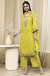 Lime Green Embroidered Straight Suit Set image number 3