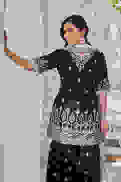 Black Embroidered Straight Kurti & Garara Suit Set image number 0