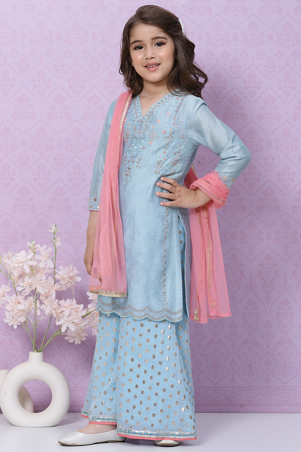 Blue Art Silk Straight Kurta Sharara Suit Set image number 5