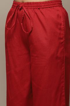 Red Cotton Blend Straight Kurta Palazzo Suit Set image number 2