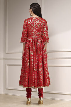 Red Cotton Anarkali Printed Suit Set image number 4
