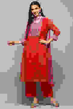 Red Polyester Straight Suit Set image number 7