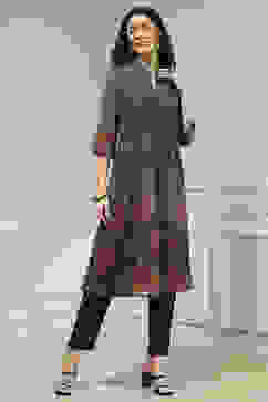 Charcoal and Rust Printed Pleated A-Line Kurta image number 4