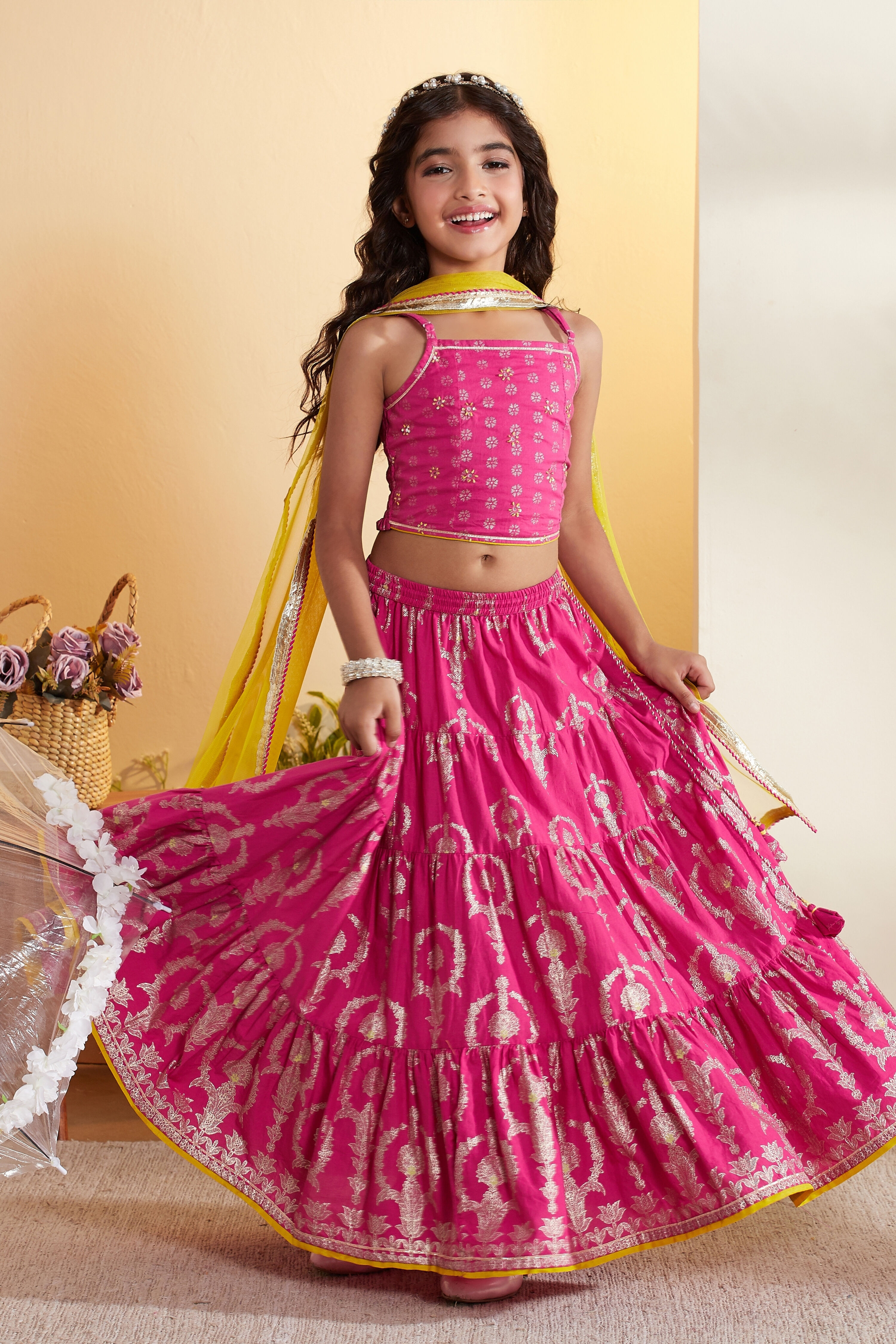 Pink Cotton Printed Tiered Lehenga Set image number 0