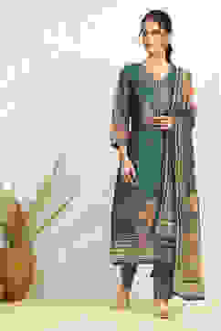 Blue Chanderi Floral Printed Unstitched Suit Set image number 1