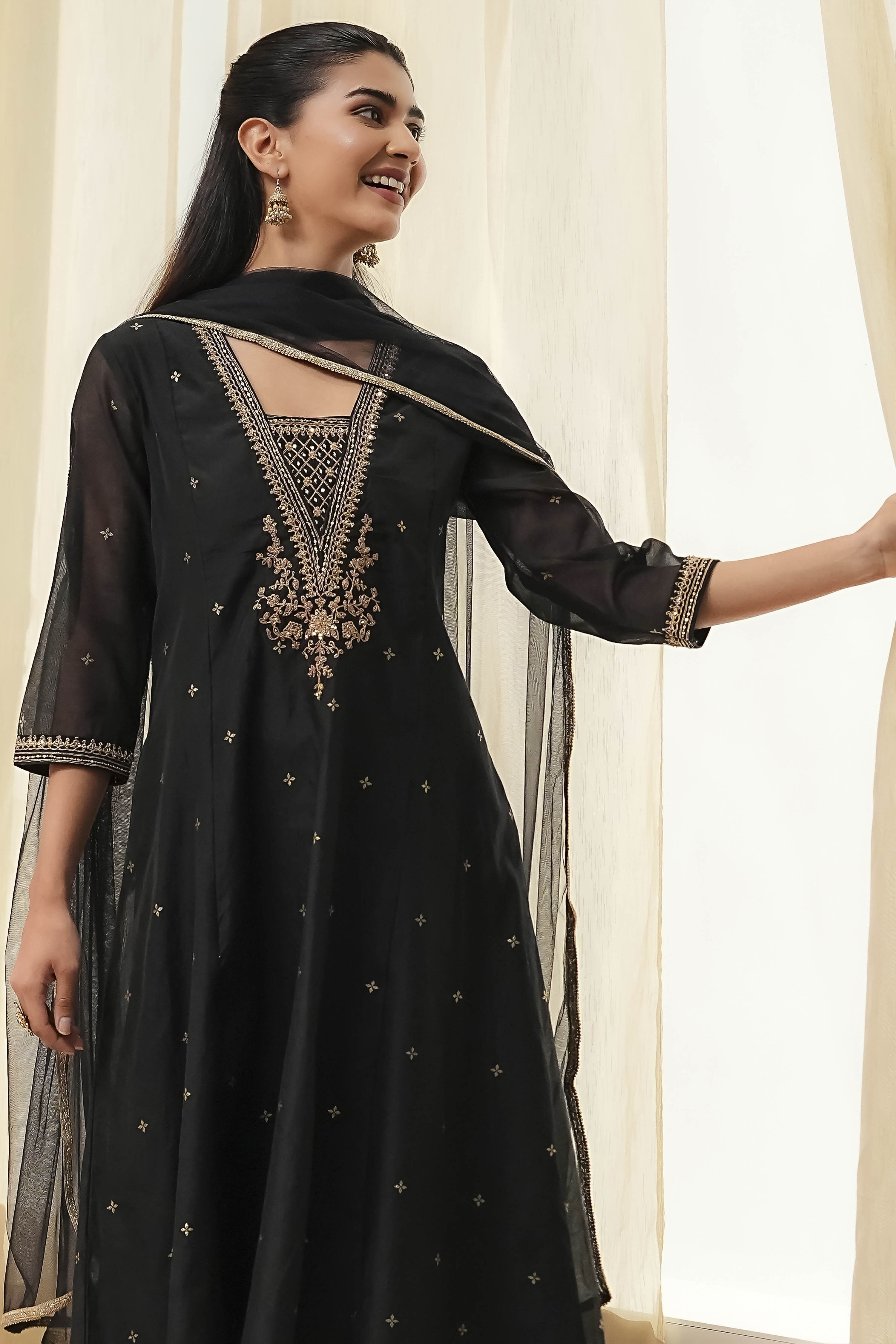 Black Poly Modal Kalidar Suit Set image number 7