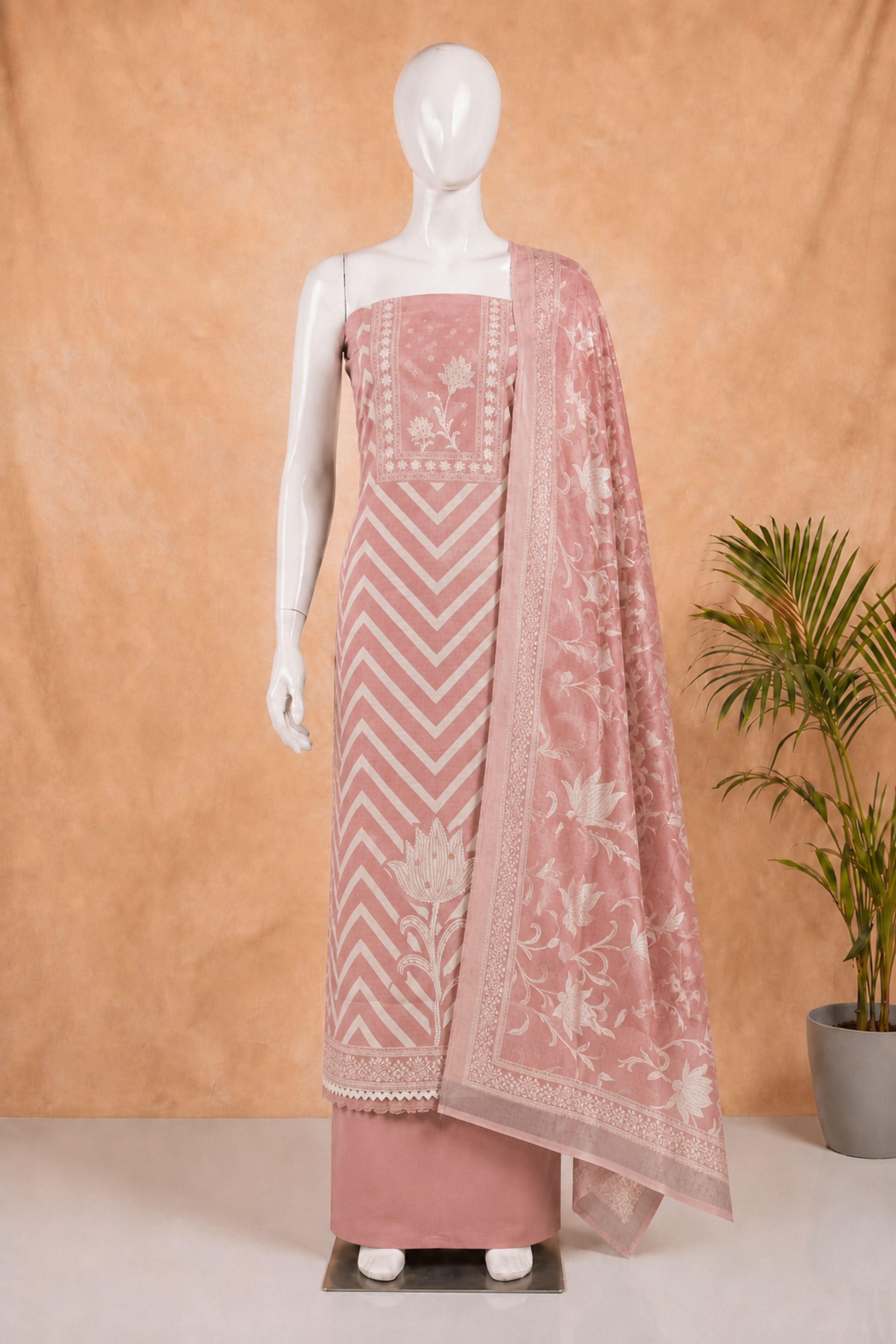Peach Linen Modern Print Unstitched Suit Set image number 4