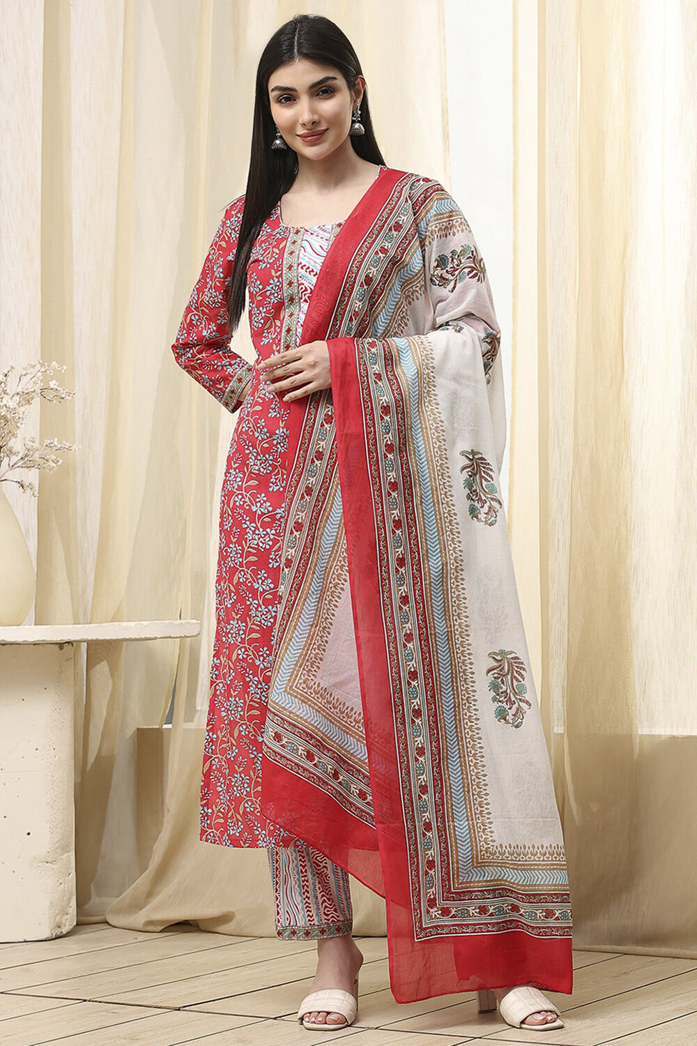 Pink Cotton Screen Print Unstitched Suit Set image number 1