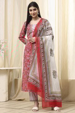 Pink Cotton Screen Print Unstitched Suit Set image number 1
