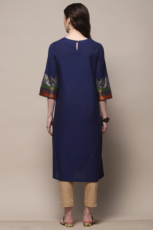 Navy Blue Pure Cotton Straight Kurta image number 3