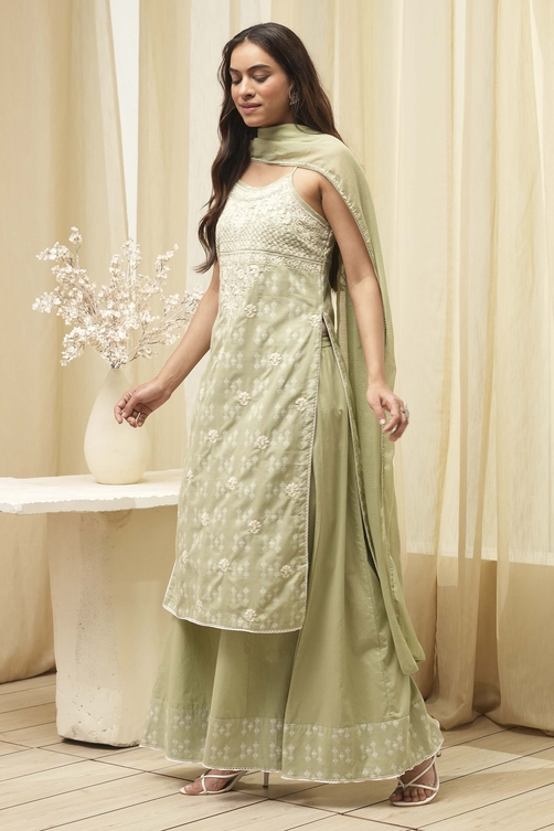Pink Cotton Floral Strappy Straight Suit Set image number 3