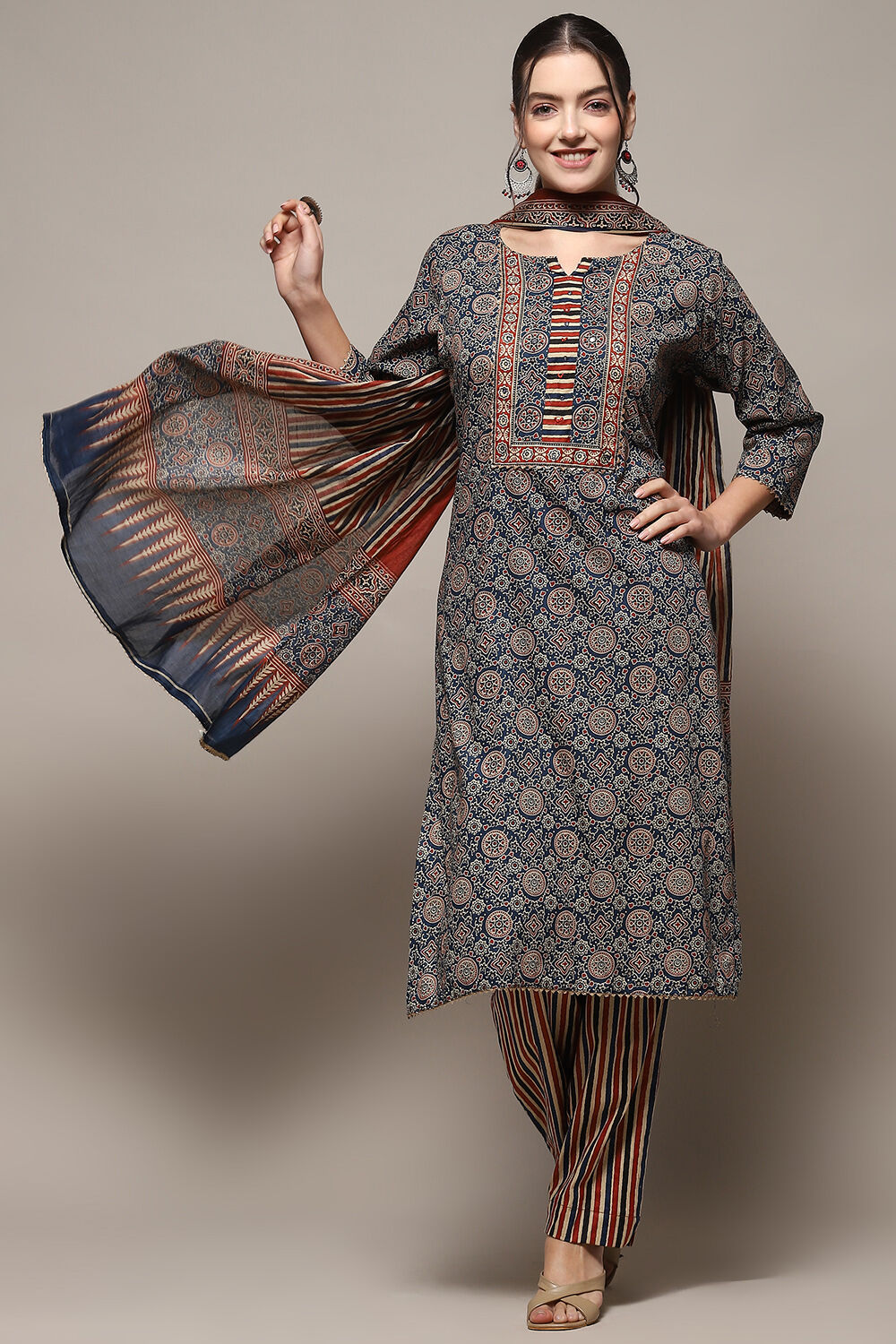 Blue Cotton Unstitched Suit set image number 1