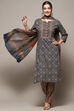 Blue Cotton Unstitched Suit set image number 1