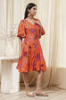 Orange Floral Printed Flared Dress image number 4