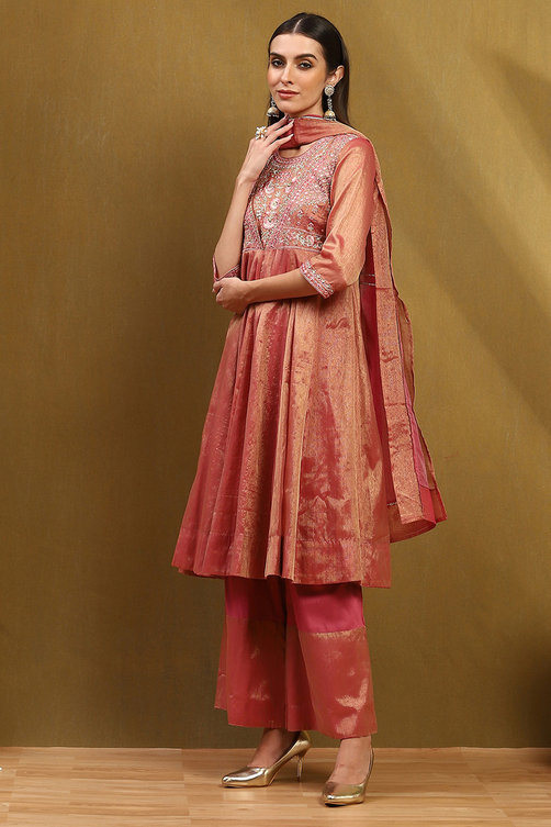Old Rose-Toned Zari Cotton Embroidered Anarkali Suit Set image number 3